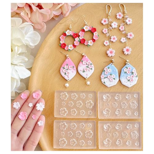Keoker Cherry Blossoms Polymer Clay Molds 2 Shapes 4 Sizes 3D Sakura Polymer Clay Flower Earring Molds Polymer Clay Flower Molds Spring Polymer Clay Cutters