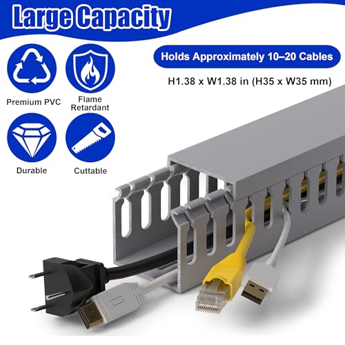 Image of 1.4 inchH x 1.4 inchW Cable Raceway, 132in Under Desk Wire Management Channel, Grey | Slotted Wire Duct, 8Pack, 16.5in Each, Heavy-Duty PVC Cable Management for Server Racks, Network Cables & Electrical Cabinets