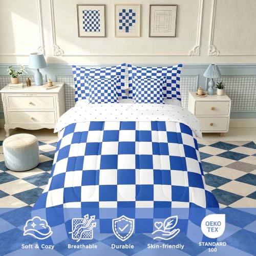 Image of Feelyou Checkered Retro 7 Piece Bedding Set Teen Women Men Blue White Plaid Comforter Set with Sheets Twin Size Kids Boys Geometric Vintage Bed in a Bag Modern Simple Groovy Aesthetic Room Decor