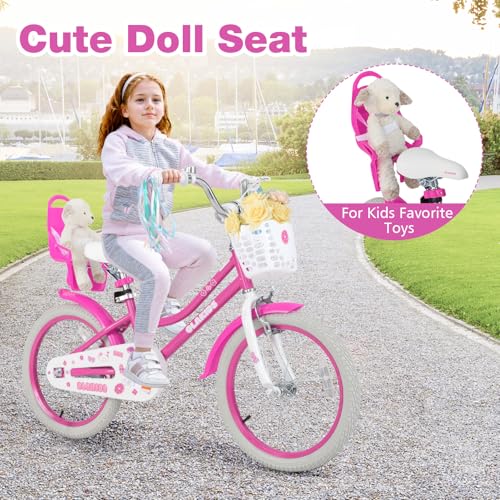 Image of Olakids Kids Bike, 12 14 16 18 20 Inch Girls Bicycle with Doll Seat Basket Adjustable Seat and Handlebar, Handbrake and Coaster Brake