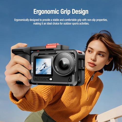 Image of Soonpho Handle Grip Kit for DJI Osmo Action 6 Cage Aluminum Alloy Shell Seesaw Shutter Button Cold Shoe & 1 /4 inch Thread Quick Battery Access with Wrist Strap Storage Bag Screen Protector(Black