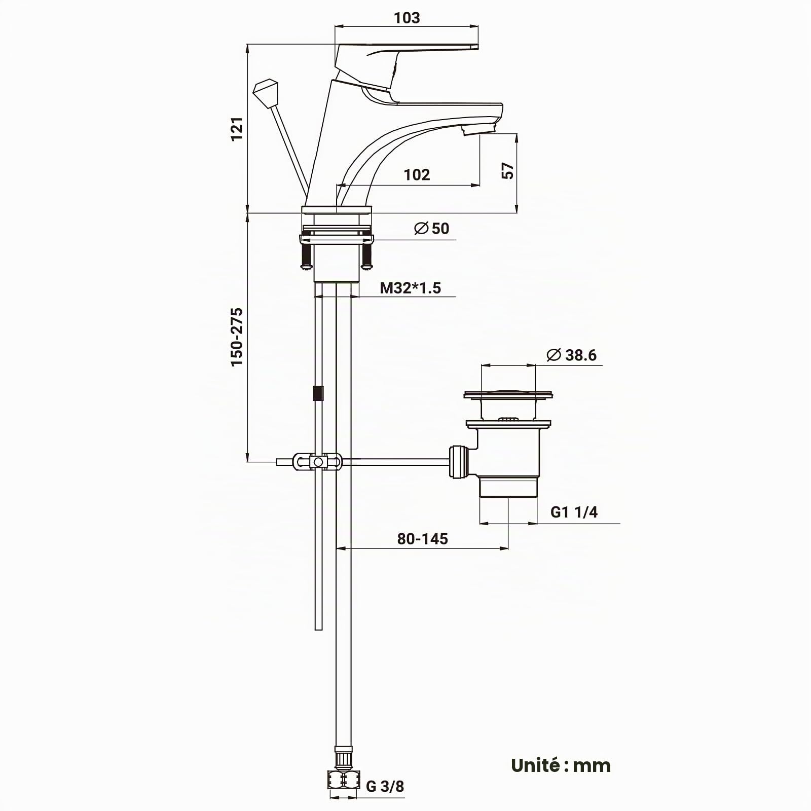 CECIPA Robinet de salle de bain, noir, mitigeur de lavabo avec tige de traction et bonde, mitigeur de salle de bain avec hauteur de bec 57 mm, robinet de lavabo en laiton, robinet de salle de bain