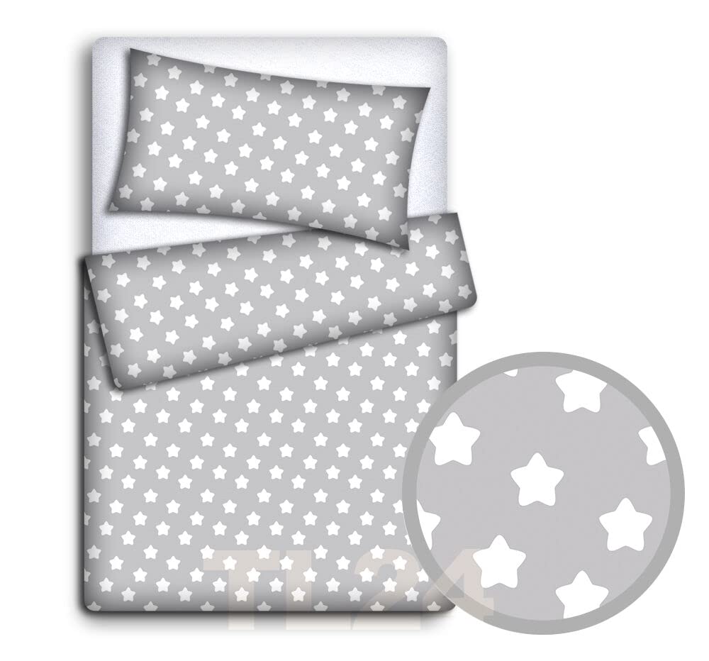 Baby Mam Grey Baby Bedding Set 120X90cm Pillow Duvet 4Pc Fit Cot Big White Stars On