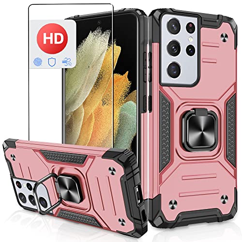 Samsung Galaxy S21 Ultra 5G Case with HD Screen Protector, Atump 360Â° Rotation Ring Kickstand [Military Grade] Dual Layer Shock Absorption Protective Case for Samsung Galaxy S21 Ultra, Rose Gold