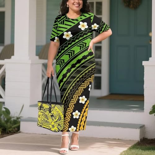 Image of Puletasi Samoan Traditional 2 Piece Outfits for Women Short Sleeve Crop Top and Maxi Skirt Sets Puletasi Dress