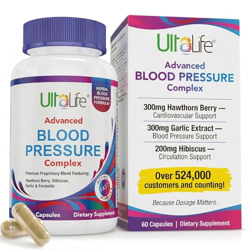 ULTALIFE Blood Pressure Supplements - Advanced Blood Pressure Support Complex with Hawthorn Berry, Hibiscus, Garlic, Forskolin - 14 Vitamins & Herbs, 30 Day Supply in Veggie Capsules