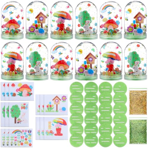 Lunmon 12 Set Spring Snow Globe Craft Kit for Kids Make Your Own Snowball Spring Bunny Umbrella Bee Glitter Plastic DIY Snow Globe Making Kit for Home Activities