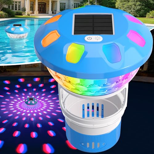 Chsuiwe Pool Chlorine Floater Solar Chlorine Floater with Colorful Lights 3 Inch Chlorine Tabs Floater w/Adjustable Flow Button Control Floating Chlorine Dispenser for Pools Hot Tubs Light Blue