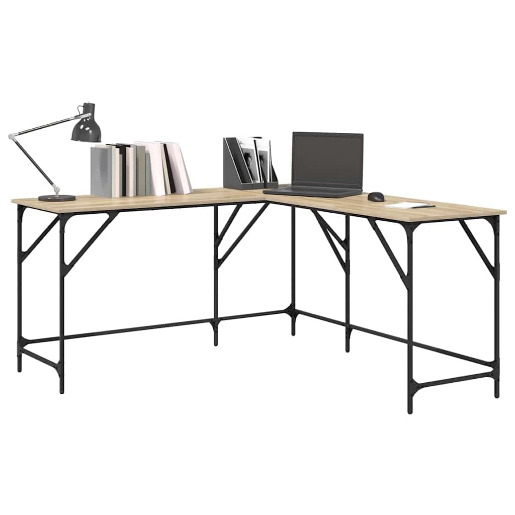 Biurko z dębu Sonoma z materiału drewnopochodnego 149 x 149 x 75 cm w kształcie litery L z metalową ramą, regulowane nogi do biura, biura domowego, gier i gabinetu, stabilne narożne rozwiązanie