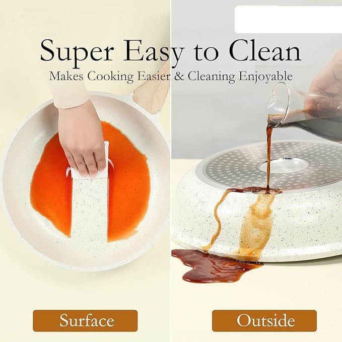 Image of Non-Stick Frying Pan with Wooden Finish Soft Touch Handle, 2.5mm Thickness, Consumes Less Oil, Even Heat Distribution, Induction Bottom and Gas Ready (White, 24cm)