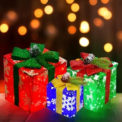 HOYECHI Christmas Lighted Boxes - Set of 3 70 LED Light Up Decor Outdoor, Light Up Christmas Boxes Present Decorations Outdoor Yard