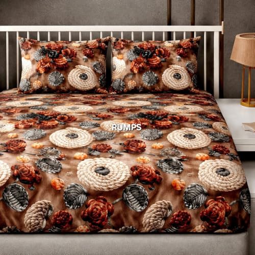 Image of RUMPS 380 TC Premium Heavy Cotton 7D Print Fast Colour Feel Elastic Fitted Floral Bedsheet King Size with 2 Pillow Covers || (Brown new, Fitted - 72 inchx78 inch King)