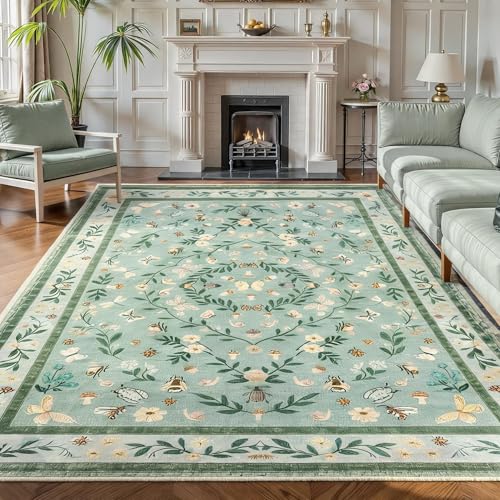 GarveeHome Tapis floral vintage 9x12, salon, vert botanique insectes