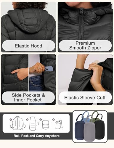 SLOW DOWN Women Lightweight Down Puffer Coat, Women Packable Hooded Mid-Length Winter puffer Jacket4