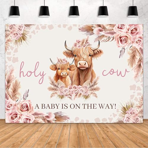 MEHOFOND Boho Holy Cow Baby Shower Backdrop for Girl Highland Cow We are Having A Baby Bohemian Pink Floral Pampas Grass Background Farm Animal Baby Shower Party Decorations Banner Supplies 7x5ft