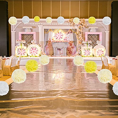Image of Tissue Paper Pom Poms Party Decorations, Hmxpls Tissue Balls Colorful Flowers Pom, Large Pom Poms for Wedding Birthday Celebration Outdoor Decoration - Yellow & White (8 inch / 10 inch / 12 inch)
