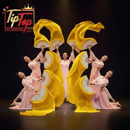 Image of Premium Dancing Long Veil Bamboo Folding Streamer Silk Hand Fan For Dance Shows (Dramatic Yellow, Pack of 2 Pieces)