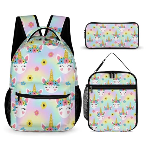 Backpack Bookbag Set Backpack with Lunch Box and Makeup Bag Travel Bookbag Daypack Set (Cute Unicorns (14))