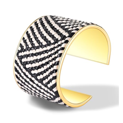 FAERLIIRY Wide Cuff Bracelet Gold Chunky Bangles Bracelets for Women Black White Open Bangle with Raffia Statement Cuff Wrap Bracelet Punk Jewelry (Black White)