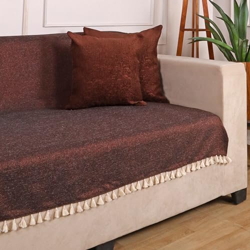 Image of STITCHNEST Jute Sofa Cover - Copper, 48x60 Inch | Soft Textured Fabric with Tassel| Full Coverage Sofa for Living Room Decor