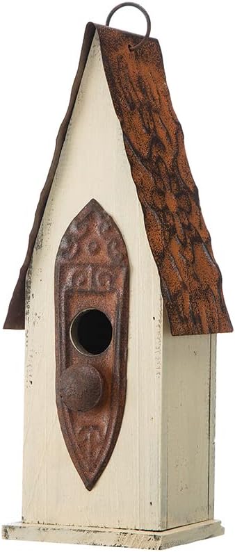 Glitzhome Bird Houses for Outside, Garden Hanging Birdhouse for Outdoors, 13.25" H Washed White Distressed Hand Painted Solid Wood Bird House for Bluebird Hummingbird Wren Finch Cardinals Cedar