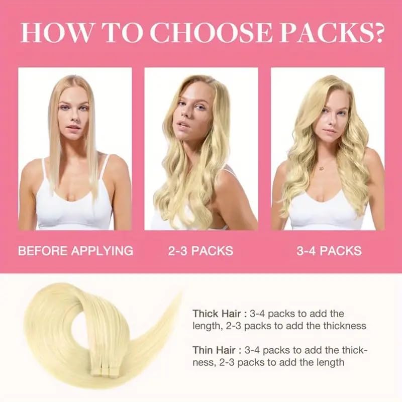 Tape in Hair Extensions Human Hair, 60A# Bleach Blonde, 20inch 50g 20pcs, Skin Weft Seamless Invisible, Silky Straight with Thick Ends, Remy Human Hair (tapes 60A, 20Inch)