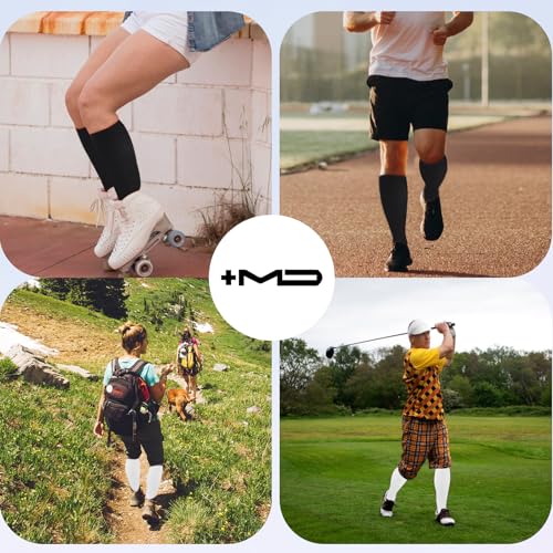 Image of +MD Cotton Compression Socks for Women & Men 4 /6 Pairs 15-20mmHg Knee High for Sports, Travel, Nursing Long Sitting Standing