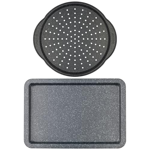 Salter COMBO-9142 Megastone Backblech & Pizzapfanne Set – Antihaftpfannen, flache Plätzchenplatte, perforierte, knusprige Chipschale mit Griffen, Kohlenstoffstahl, PFOA-frei, ofensicher bis 220 °C