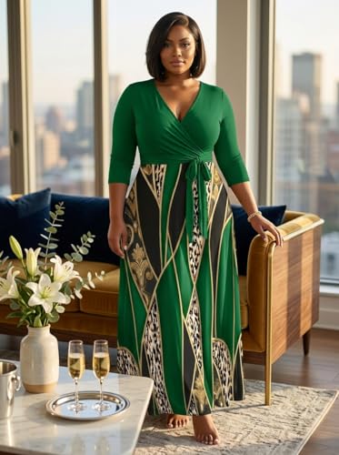 Image of Plus Size Dresses for Women Print Maxi Dresses 3 /4 Sleeve with Belt