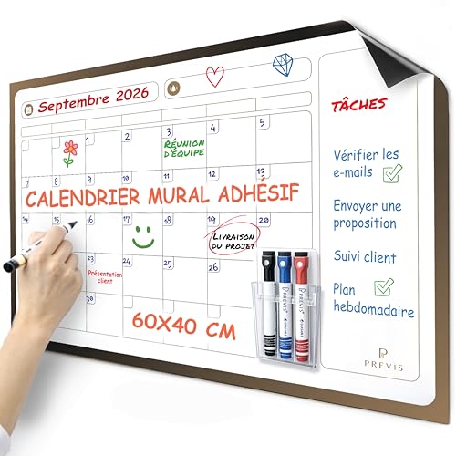 PREVIS Calendrier Mensuel Mural Effacable A2 60X40CM avec 3 feutres - Tableau organisateur mural Planning Mensuel - Planificateur Calendrier Mural 2026 Grand Format Familial