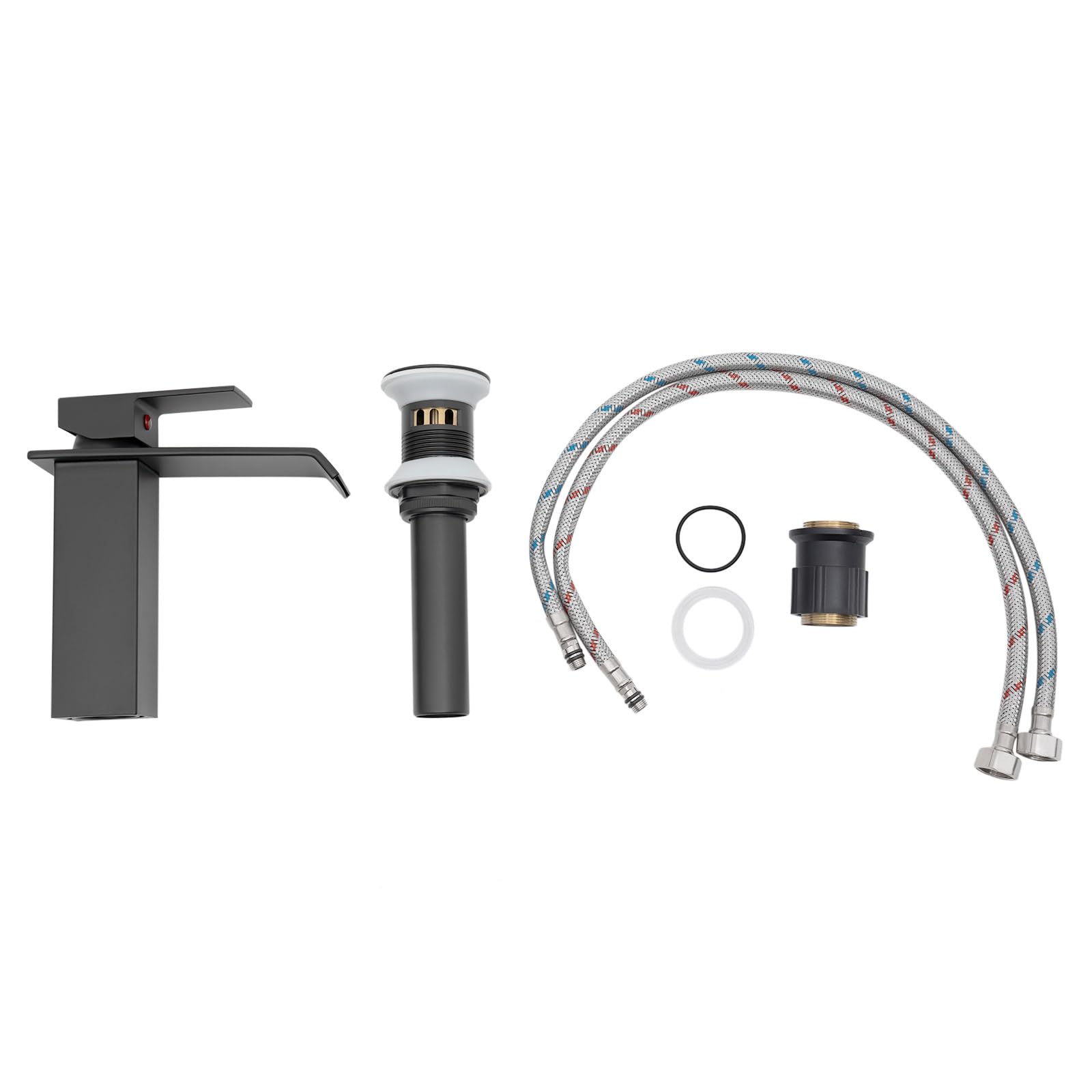 Rubinetto per lavabo, miscelatore monocomando per lavabo, rubinetti, acqua calda fredda, a cascata per bagno con beccuccio, tubo di scarico in acciaio inox, nero