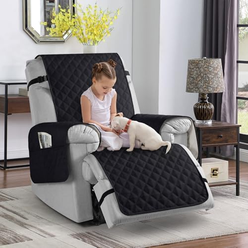 TAOCOCO 100% Waterproof Recliner Chair Covers, Reversible Recliner Covers with Leg Straps, Washable Recliner Sofa Covers for Larger Recliner Furniture Dog Protector with Pocket (Black, 28'') — view 6