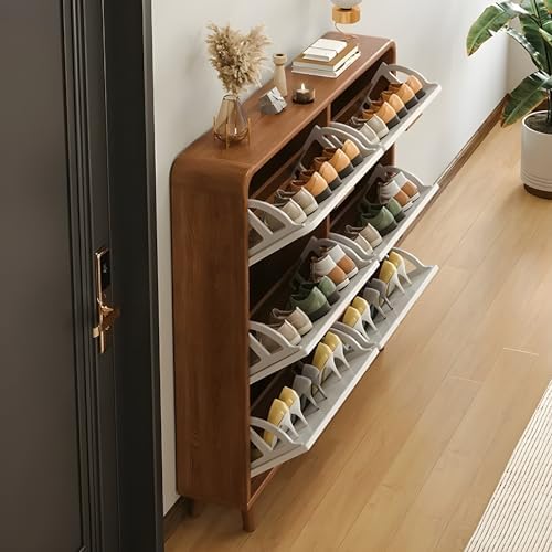 Slish Modern Shoe Cabinet Organizer - 47" L x 7" W x 47" H, Brown & White Entryway Storage with Space-Saving Drop Shelves for Shoes, Perfect Foyer Solution & Stylish Home Decor