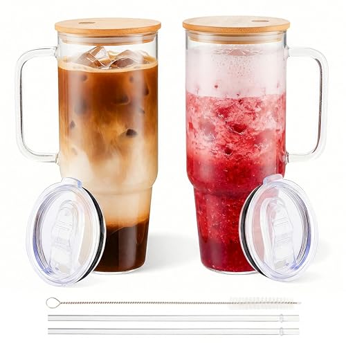 BGRAING 40 oz Glass Cups with Lids and Straws 2 Pack Large Glass Tumbler with Handle Borosilicate Ice Coffee Cups, with Bamboo Lid & Plastic Lid, for Boba, Smoothies, Beer, Juice