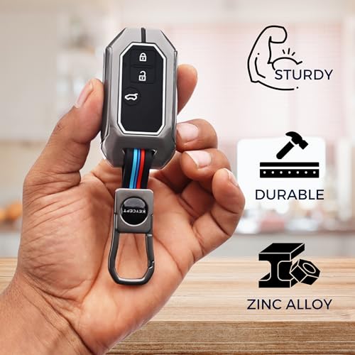 Image of KEYCEPT Metal Keycover for Suzuki Swift, Dzire, Ertiga, Brezza, Fronx, Jimny, Ignis, Rumion, Hyryder, E-Vitara, Victoris 3 Button Smart Key with Keychain (Short Keychain).