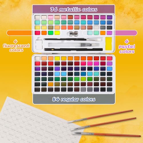 128-Colors-Washable-Watercolor-Paint-Set-with-4-Brushes-Portable-Travel-Water-Color-Kit-with-Carrying-Case-Palette-and-Accessories-Non-Toxic-Art-Supplies-Gift-for-Artists-Adult-Teen-Kids-Girls-Boys