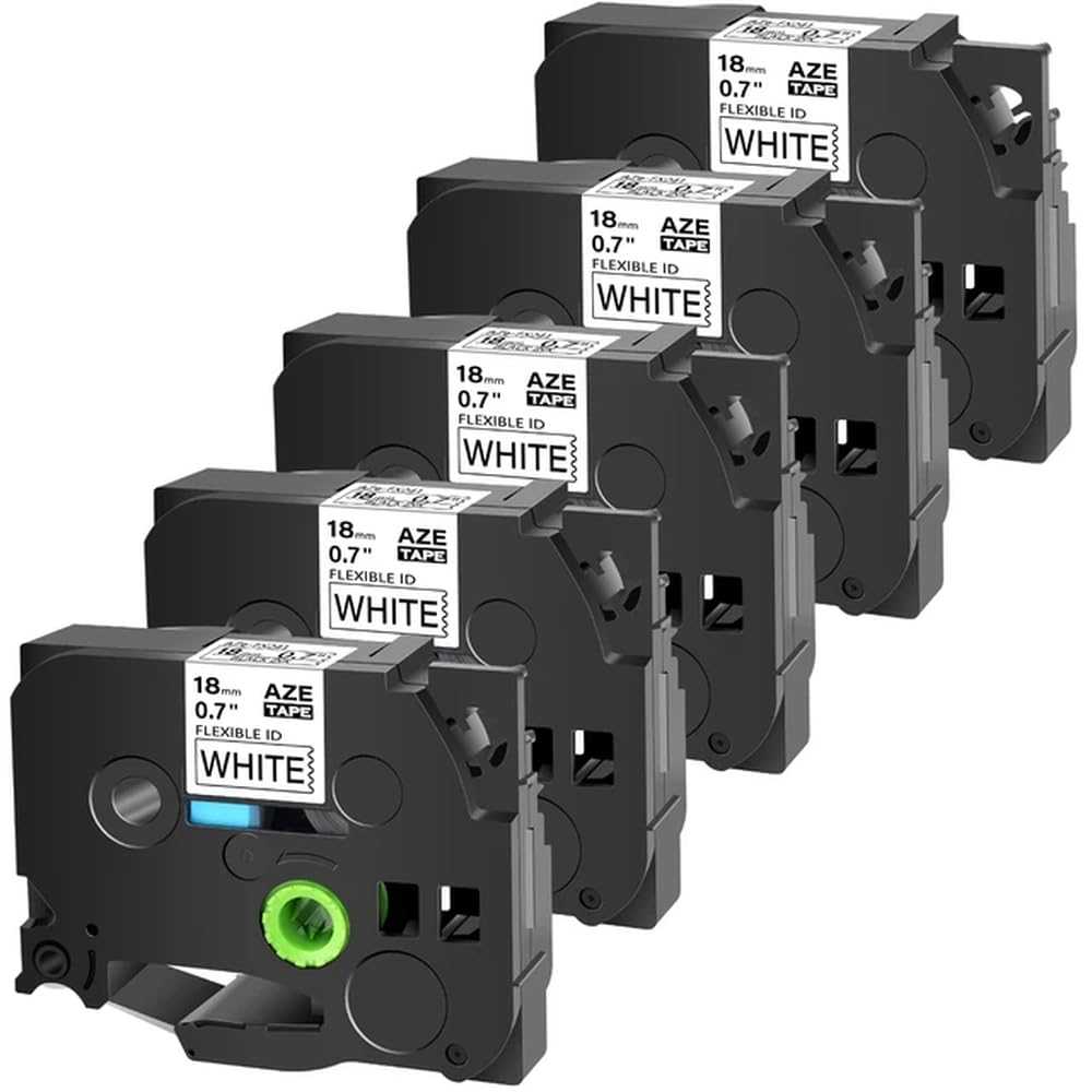 Confezione da 5 nastri per etichette flessibili neri su bianchi laminati con ID flessibile da 18 mm, compatibili con stampanti per etichette