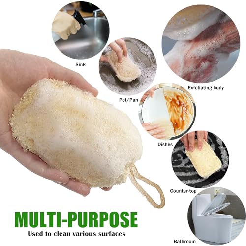 Image of Natural Loofah Kitchen Sponge (3 Pcs) No Scratch Scrubber for Dishwashing, 100% Plant Fibers Vegetable Scrubber, Zero Waste and Eco Friendly Loofa, Square, Large Size