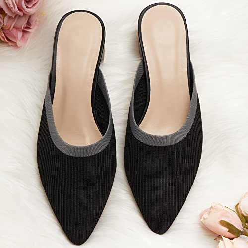 Womens Black Heeled Mules Closed Toe Block Heel Slide Sandals Comfortable Mesh Knit Dress Shoes 8.5 #TOP6