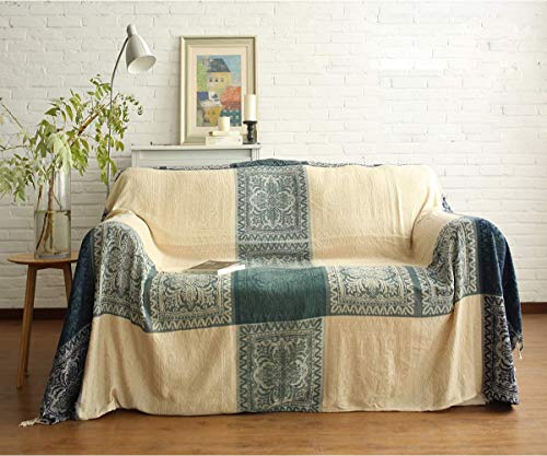 ele ELEOPTION Chenille Überwurf Decke, Jacquard Quasten Überwurf Decke Sofa Stuhl Bezug Dekorative für Bett Couch, Sessel, Folk Tribal Muster (Beige, 220 x 250 cm)