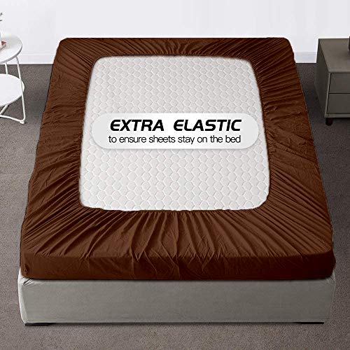 Image of All Around Brushed Microfiber Double Bed Fitted Sheet - (72 x 78) Inches - 8'' Deep Pocket Elastic Fitted Bedsheet + 1 Pillow Cover 400 Series Extra Soft & Easy Fit - Chocolate