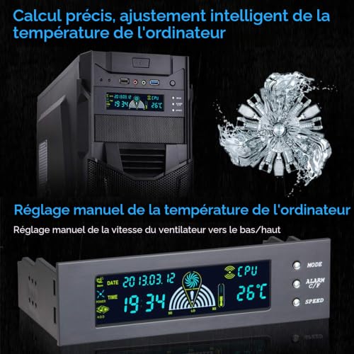 gostcai 5,25 pouces 3 régulateur de vitesse du ventilateur, panneau avant LCD de contrôle de température CPU/HDD/SYS – vue 3