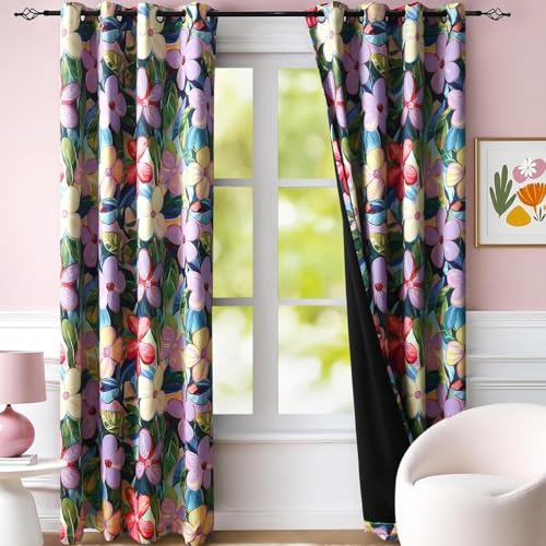 Image of BFAM Floral Print 100% Blackout Curtain with Black Linning at Back,Lavender Purple Floral Print Curtains for Living Room /Bedroom Thermal Insulated Energey Saving 11 Feet Pack of 1 Curtain