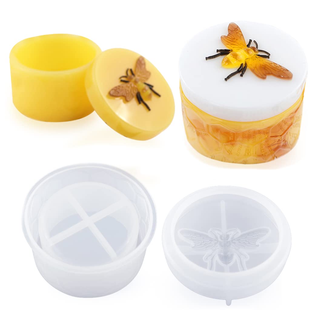 Jar Resin Mould with Lid Bee Honey Jar Silicone Mould Candy Jewelry Trinket Box Epoxy Resin Casting Mould for DIY Storage Box Candle Holder (Bee Honey Jar)