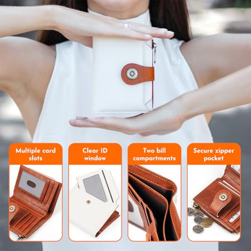 Small Wallet Women RFID Blocking Soft Leather Bifold Compact Card Holder Wallet for Women with Zipper Coin Pocket Beige Brown2