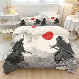 Funda Nordica para Cama 105 - Tradicional Japonés Samurái Dragón Juego de Ropa de Cama de 3 Piezas 200 x 200 cm, Beige Reversible Suave Microfibra Ropa Cama para Niño Adolescente