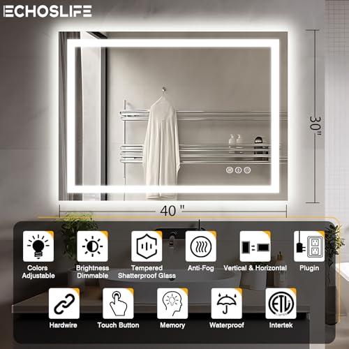 40"x30" LED Lights Bathroom Mirror with Front Lit and Backlit, Anti-Fog Vanity Mirror with Lights, Stepless Dimmable Lighted Mirror, 3 Colors Smart Mirror (Horizontal/Vertical)