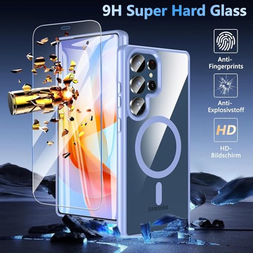 Image of OWKEY Galaxy S25 Ultra Case 6.86'',Magnetic S25 Ultra Case for Magsafe with Tempered Glass Screen, [Shockproof Military] Transparent Back Slim Bumper Cover Phone Case Galaxy S25 Ultra, Light Blue