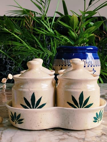 Image of Niyara Multipurpose Storage Ceramic Pickle set Jars with Lid & tray (Set of 4, 300 ml) (Hemp)