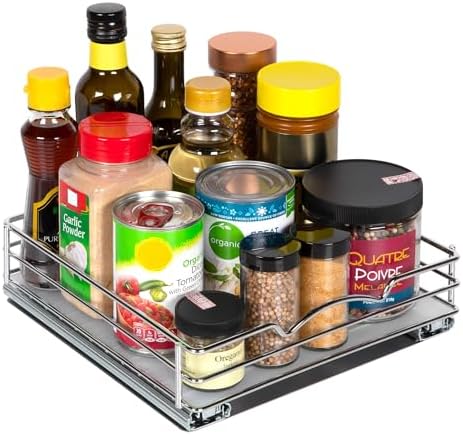Pull Out Spice Rack Organizer for Cabinet – Heavy Duty Chrome Slide Out Spice Rack 10-3/8"Wx 10-3/8"D x 2-1/8 H for Upper Kitchen Cabinets and Pantry Closet, For Spices, Sauces, Canned Food etc.